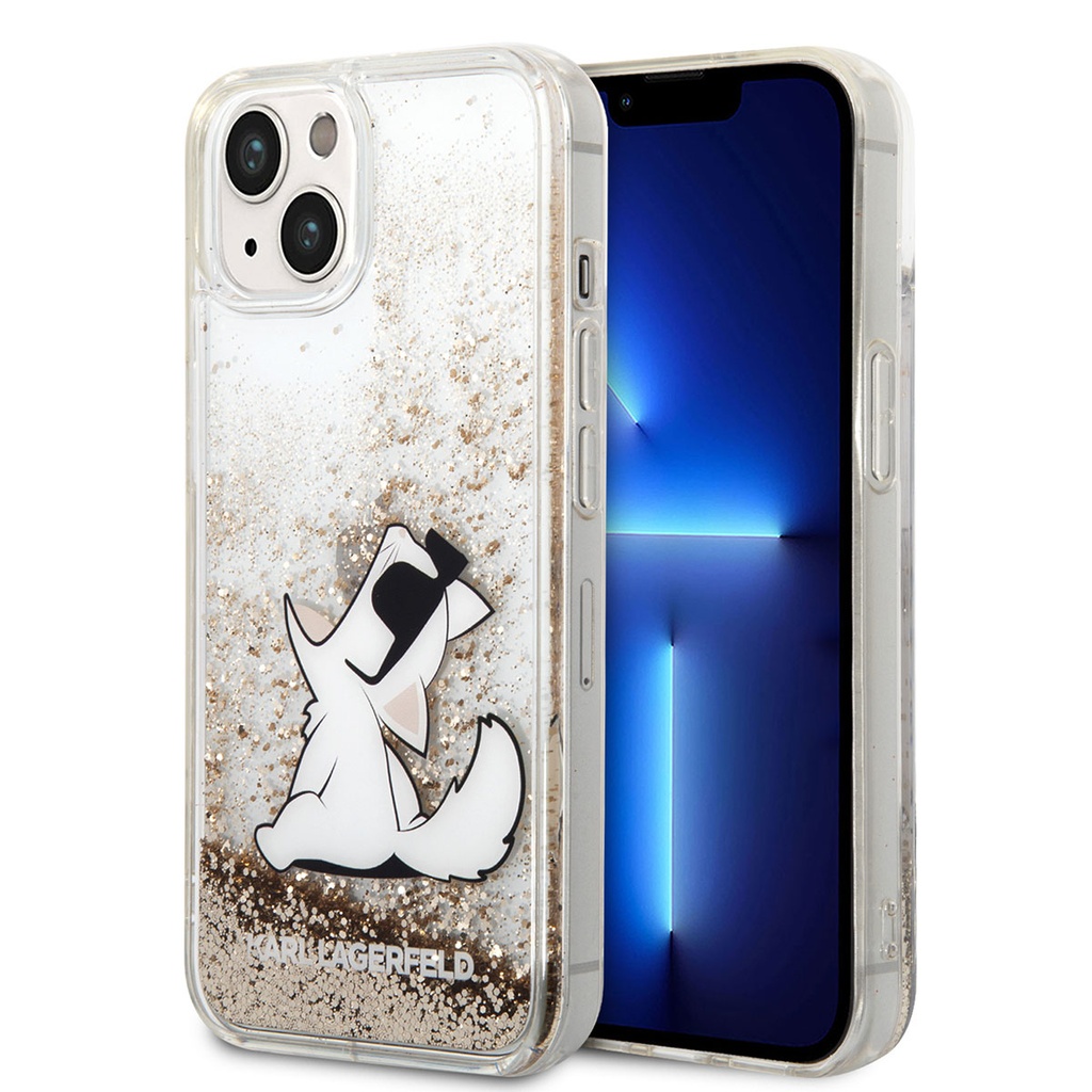 Apple iPhone 14 Uyumlu Kılıf Karl Lagerfeld Sıvılı Simli Choupette Dizayn Kapak