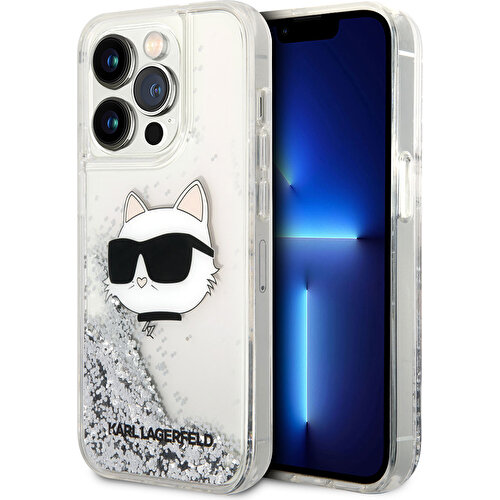 Apple iPhone 14 Pro Max Uyumlu Kılıf Karl Lagerfeld Sıvılı Simli Choupette Head Dizayn Kapak