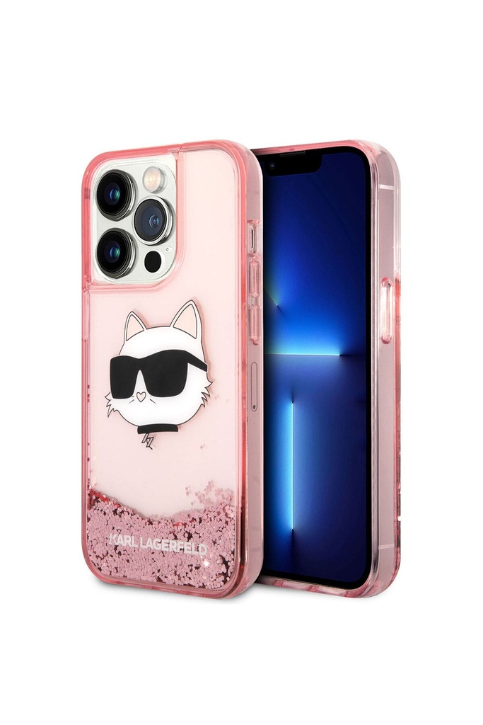 Apple iPhone 14 Pro Max Uyumlu Kılıf Karl Lagerfeld Sıvılı Simli Choupette Head Dizayn Kapak