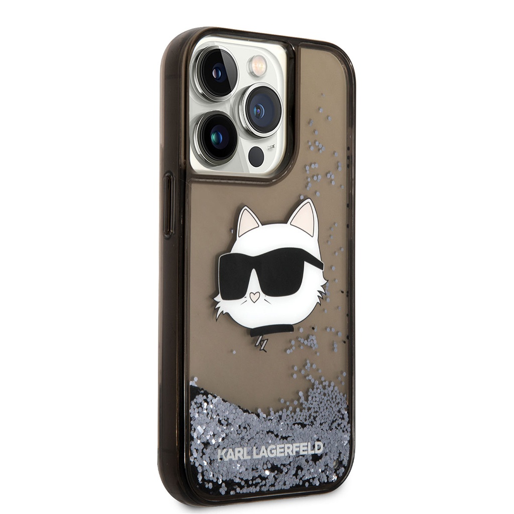 Apple iPhone 14 Pro Max Uyumlu Kılıf Karl Lagerfeld Sıvılı Simli Choupette Head Dizayn Kapak