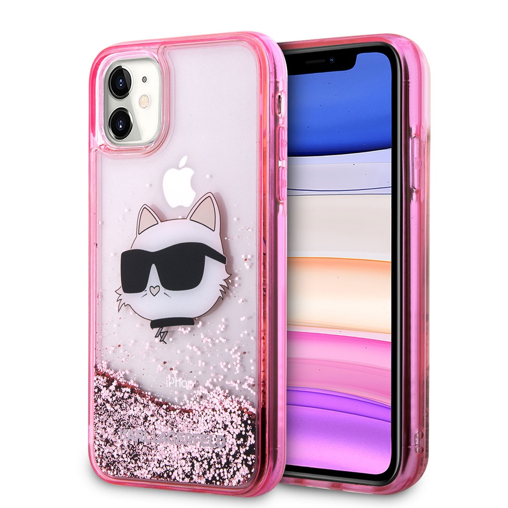 Apple iPhone 11 Uyumlu Kılıf Karl Lagerfeld Sıvılı Simli Choupette Head Dizayn Kapak