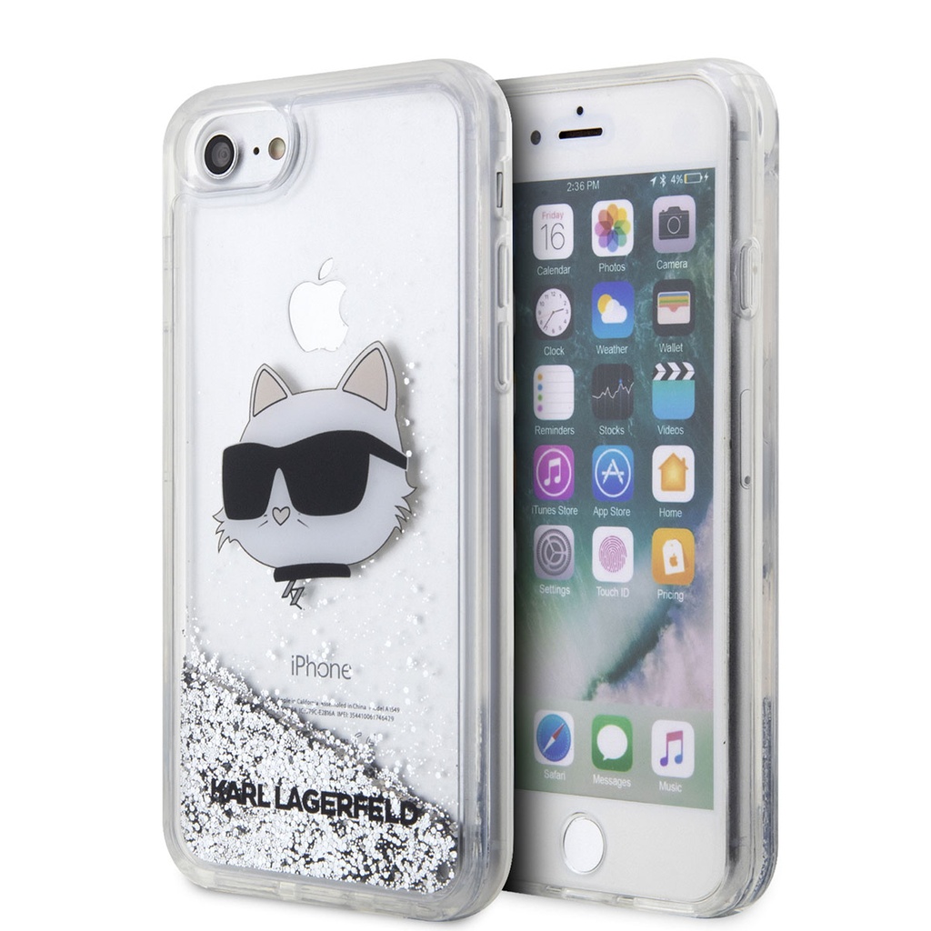 Apple iPhone 7 Uyumlu Kılıf Karl Lagerfeld Sıvılı Simli Choupette Head Dizayn Kapak