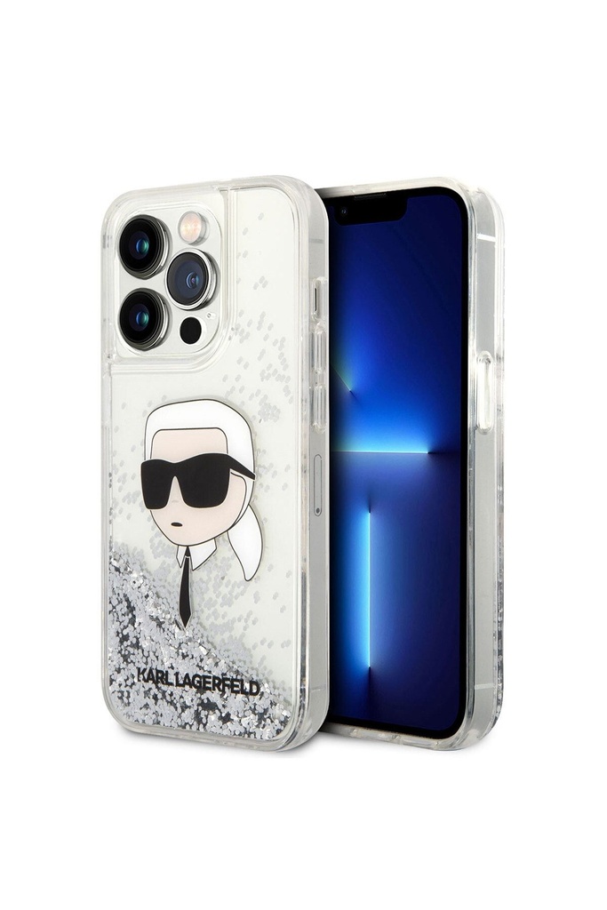 Apple iPhone 14 Pro Max Uyumlu Kılıf Karl Lagerfeld Sıvılı Simli Karl Head Dizayn Kapak