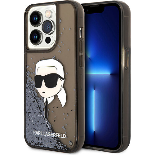 Apple iPhone 14 Pro Max Uyumlu Kılıf Karl Lagerfeld Sıvılı Simli Karl Head Dizayn Kapak