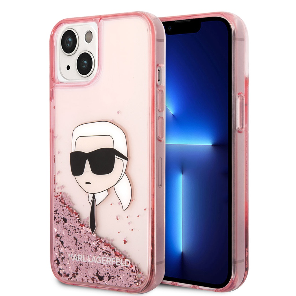 Apple iPhone 14 Uyumlu Kılıf Karl Lagerfeld Sıvılı Simli Karl Head Dizayn Kapak