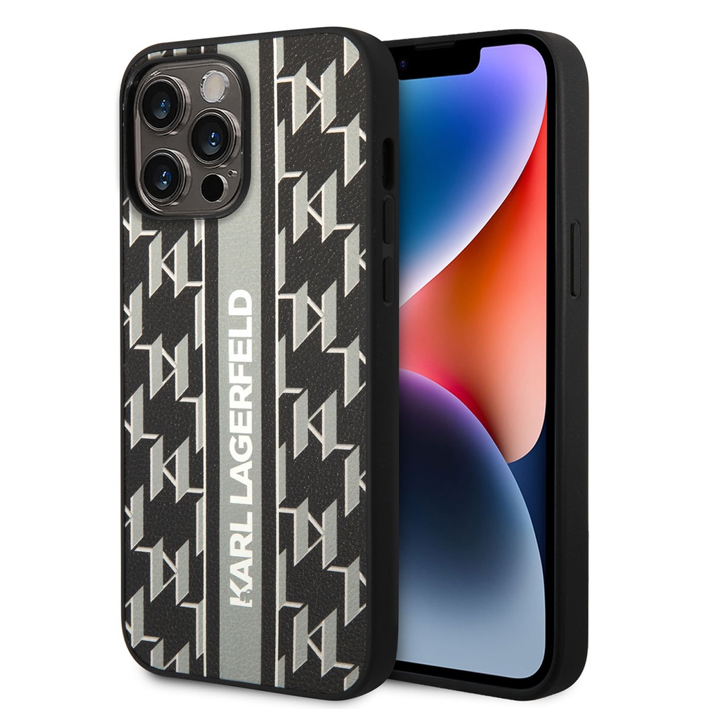 [ZTA92362] Apple iPhone 14 Pro Max Uyumlu Kılıf Karl Lagerfeld PU Suni Deri Şerit Dizayn Kapak