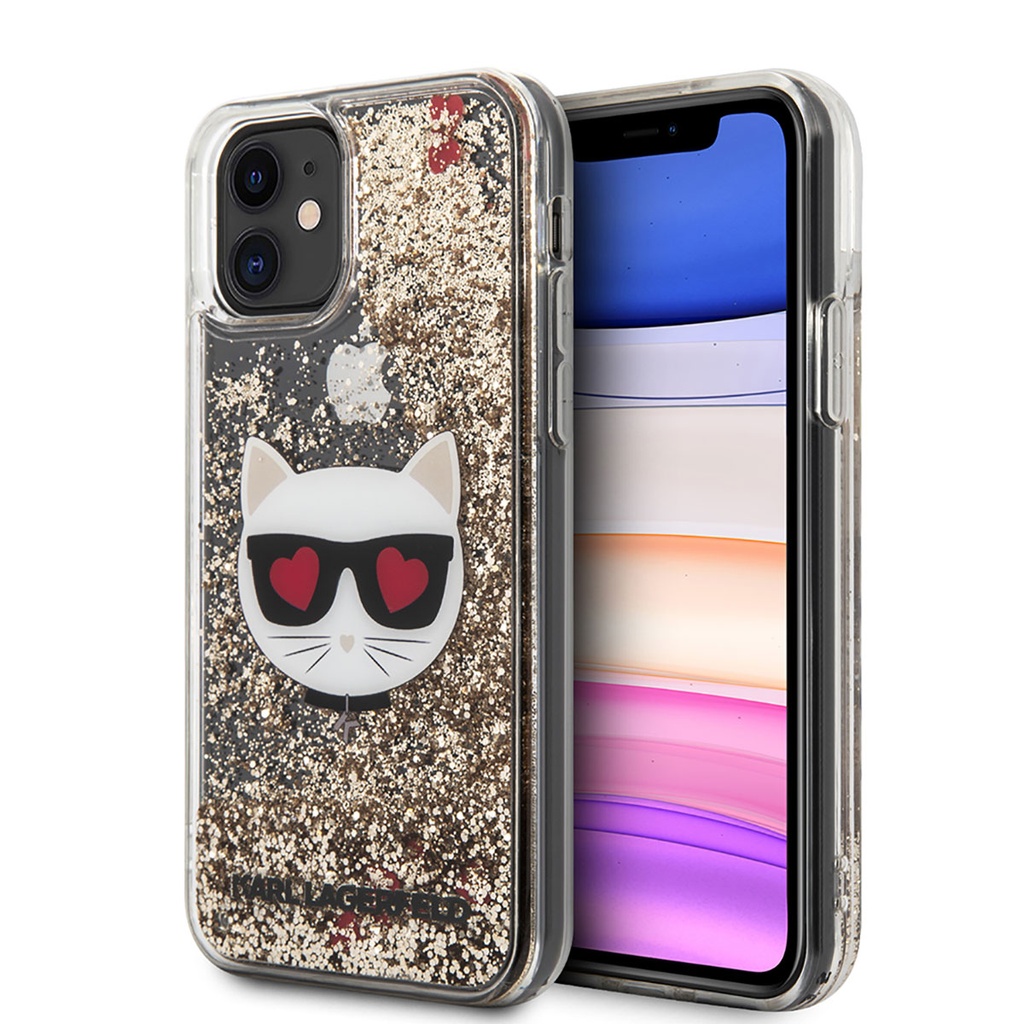 Apple iPhone 11 Uyumlu Kılıf Karl Lagerfeld Sıvılı Simli Choupette Dizayn Kapak