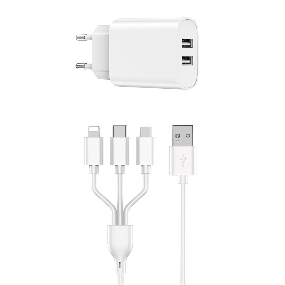 [RNZ-TA92931] Wiwu Wi-U003 2.1A Çift USB Çıkışlı Hızlı Şarj Seti 3in1 Kablolu Type-C/Lightning/Micro