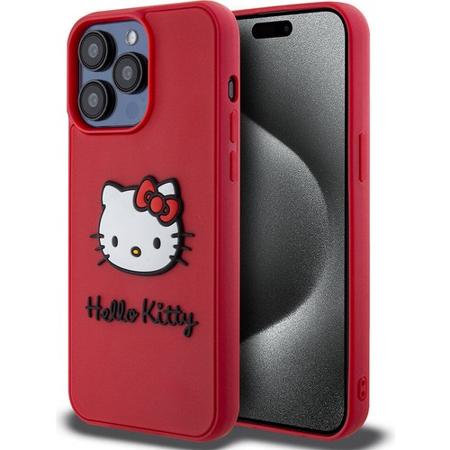 Apple iPhone 15 Pro Uyumlu Kılıf Hello Kitty Orjinal Lisanslı Yazı ve İkonik Logolu 3D Rubber Kitty Head Kapak