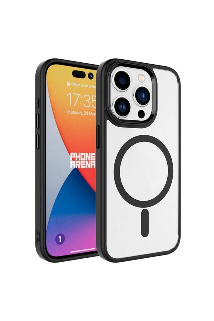 [RNZ-TA93066] Apple iPhone 15 Pro Uyumlu Kılıf Wireless Şarj Özellikli Zore Krom M-safe Silikon Kapak (Siyah)