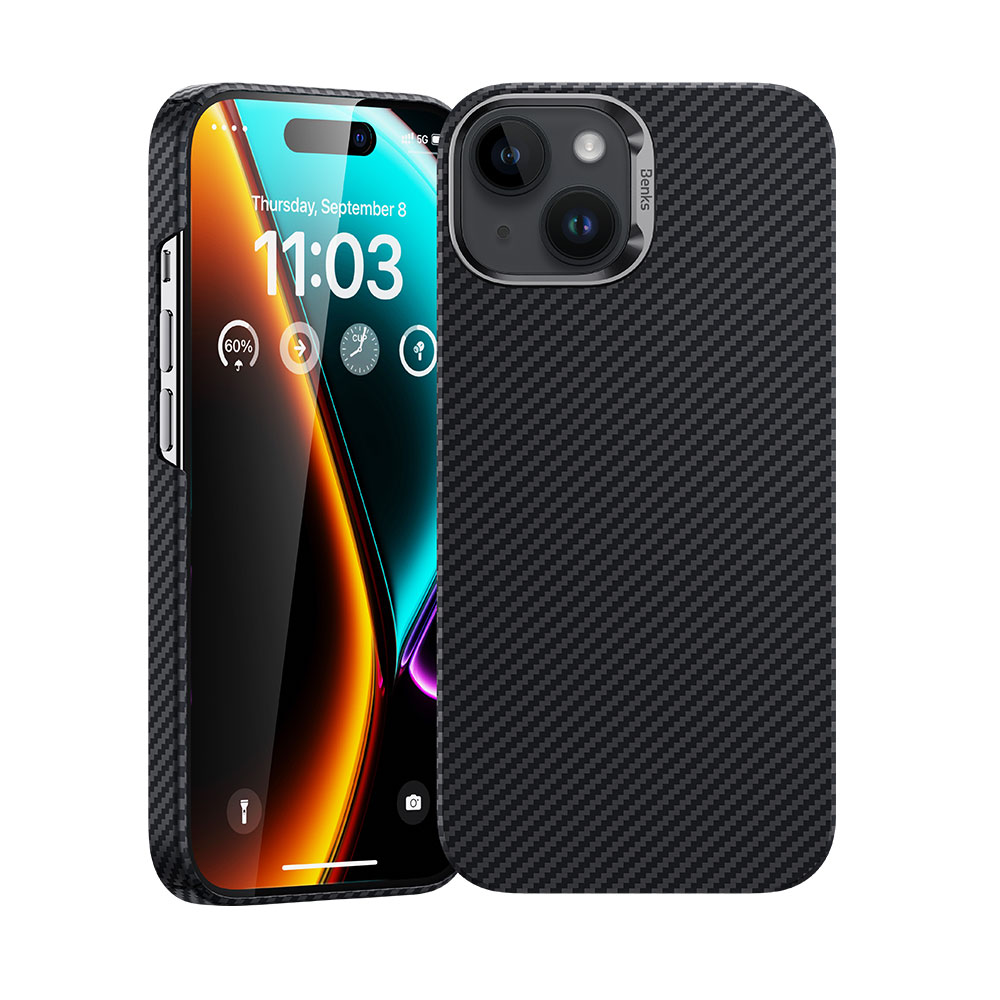 [RNZ-TA93680] Apple iPhone 15 Uyumlu Kılıf M-safe Özellikli Karbon Fiber Benks Essential ArmorAir 600D Kevlar Kapak