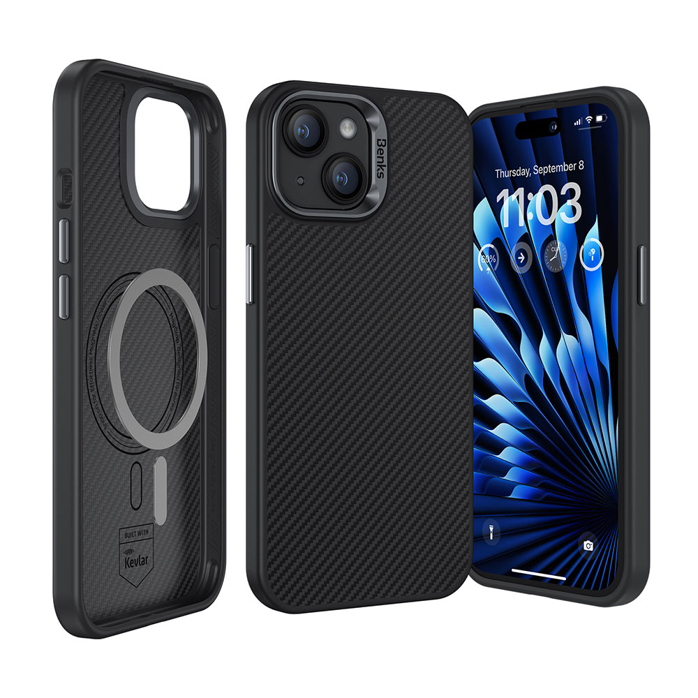 [RNZ-TA93688] Apple iPhone 15 Plus Uyumlu Kılıf Karbon Fiber M-safe Şarj Özellikli Benks Hybrid ArmorPro 600D Kevlar Kapak