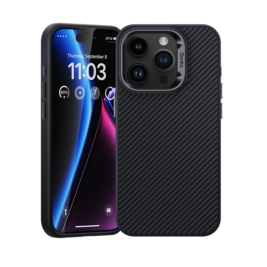 [RNZ-TA93689] Apple iPhone 15 Pro Max Uyumlu Kılıf Karbon Fiber M-safe Şarj Özellikli Benks Hybrid ArmorPro 600D Kevlar Kapak