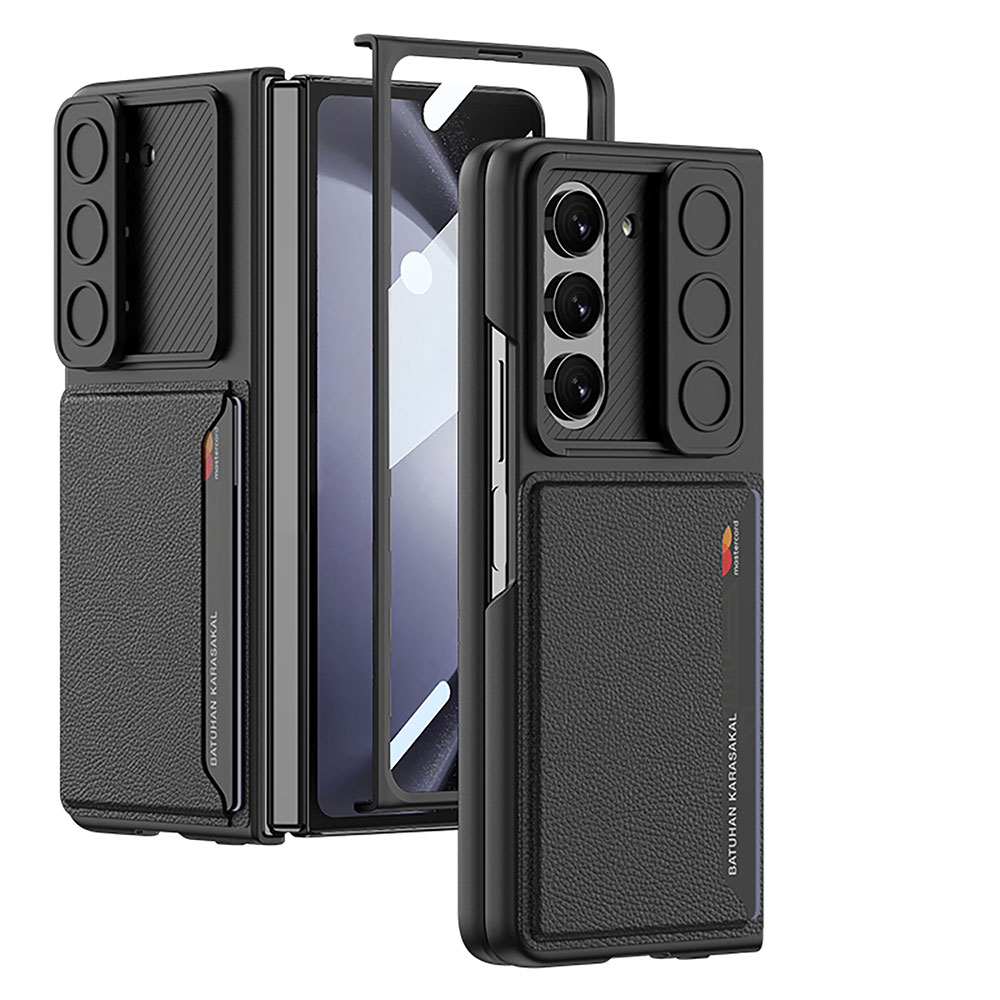 [RNZ-TA93889] Samsung Galaxy Z Fold 5 Uyumlu Suni Deri Arka Yüzey Sürgülü Kamera Korumalı Zore Kartlıklı Kıpta Silikon Kapak