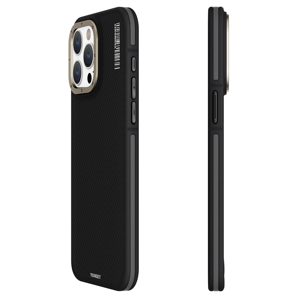 [RNZ-TA94026] Apple iPhone 15 Pro Max Uyumlu Kılıf M-safe Şarj Özellikli YoungKit 600D Kevlar Kapak (Siyah)