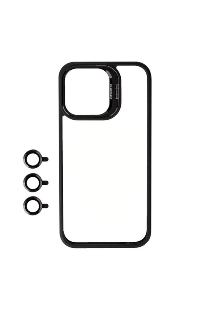 [RNZ-TA94487] Apple iPhone 15 Pro Uyumlu Kılıf Kamera Lens Korumalı Standlı Zore Klon Lensli Kapak (Siyah)