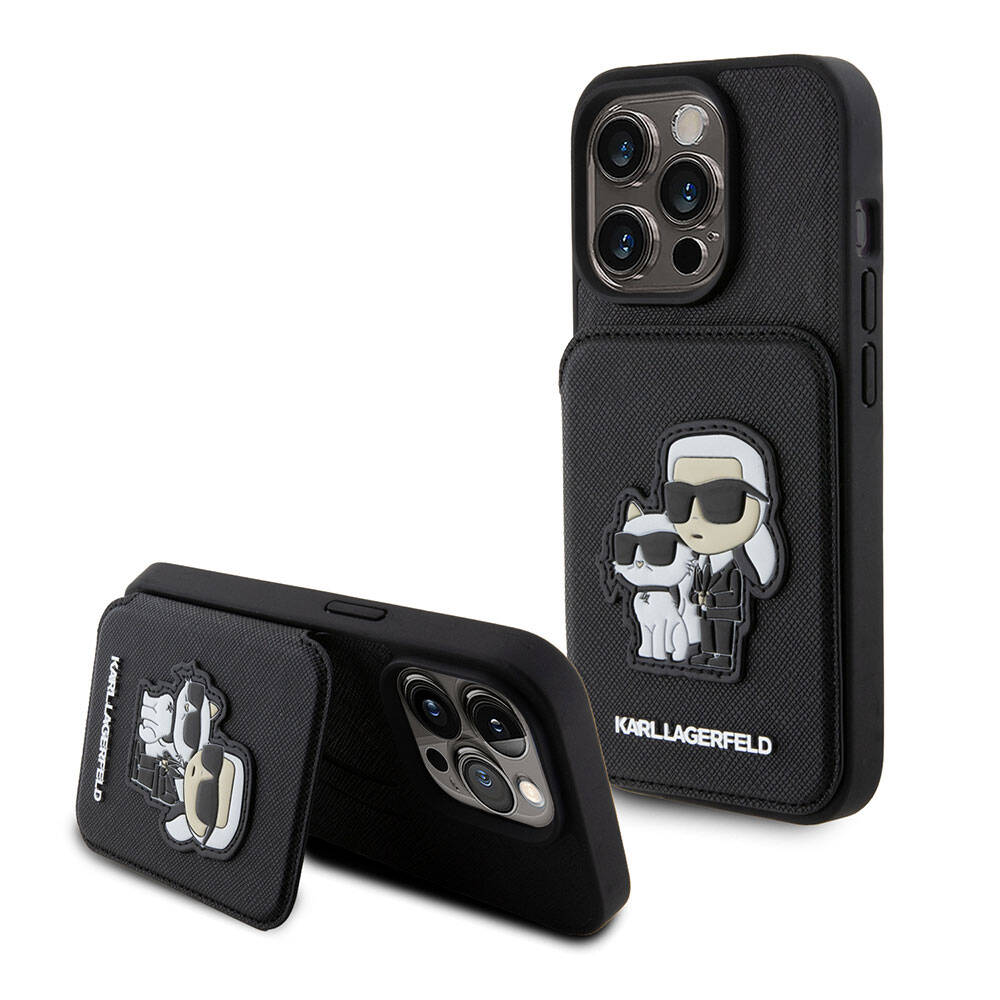 Apple iPhone 15 Pro Uyumlu Kılıf Karl Lagerfeld Standlı Kartlıklı Saffiano K&C Metal Logo Orjinal Lisanslı Kapak