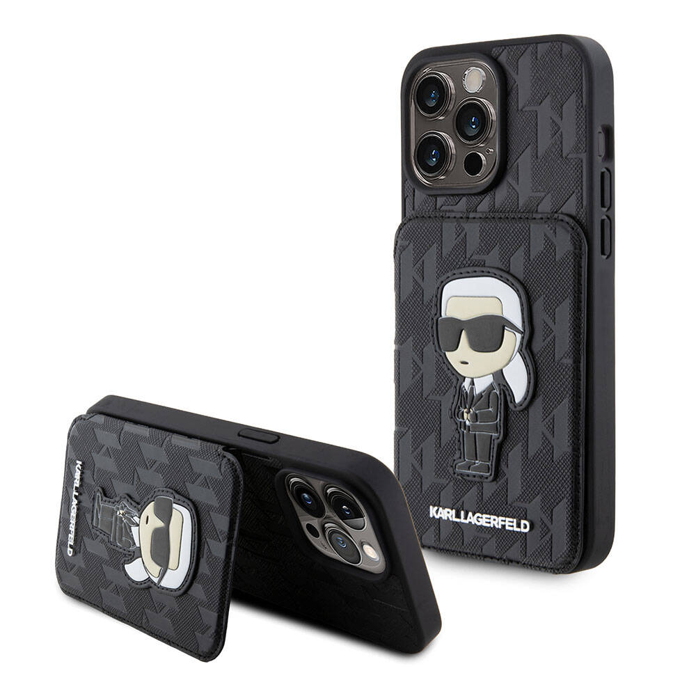 Apple iPhone 15 Pro Max Uyumlu Kılıf Karl Lagerfeld Standlı Kartlıklı Saffiano Monogram İkonik Metal Logo Orjinal Lisanslı Kapak