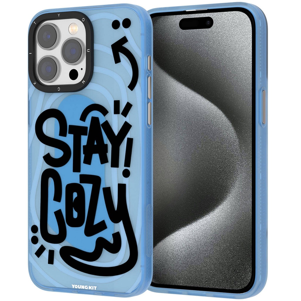 [RNZ-TA94188] Apple iPhone 15 Pro Max Uyumlu Kılıf Desenli Youngkit Happy Hearth Serisi Kapak (Mavi)