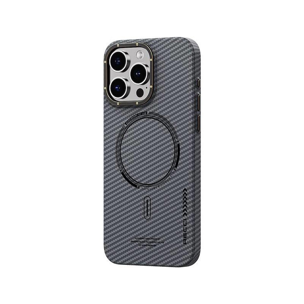 Apple iPhone 15 Pro Max Uyumlu Kılıf Recci Machinist Serisi M-safe Şarj Özellikli Magnetik Karbon Kapak