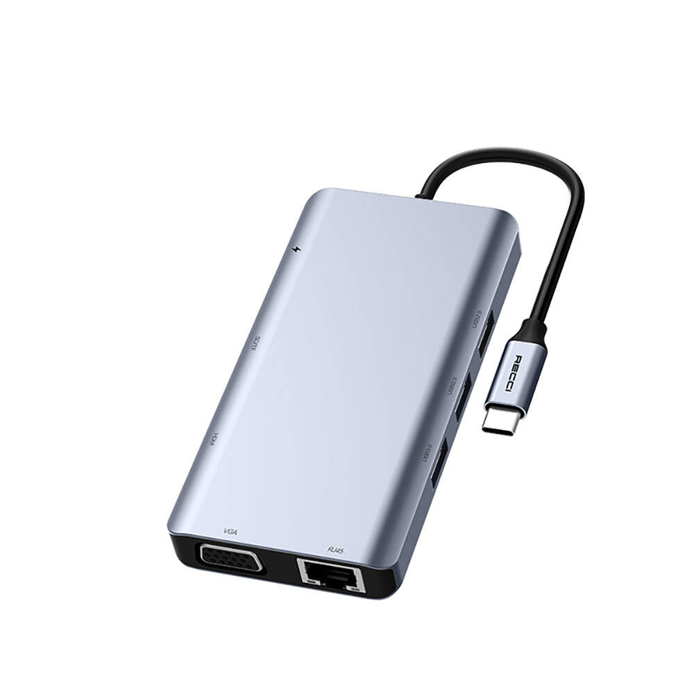 [ZTA94237] Recci RH09 Type-C to Type-C + SD/TF + USB3.0 + USB2.0 + HDMI + VGA + RJ45 Bağlantılı 9in1 Hub