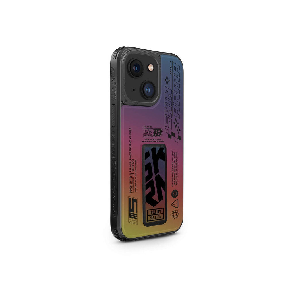 [ZTA94344] Apple iPhone 15 Uyumlu Kılıf SkinArma Holografik Tasarımlı Standlı Deri Görünümlü Kira Kobai Kapak