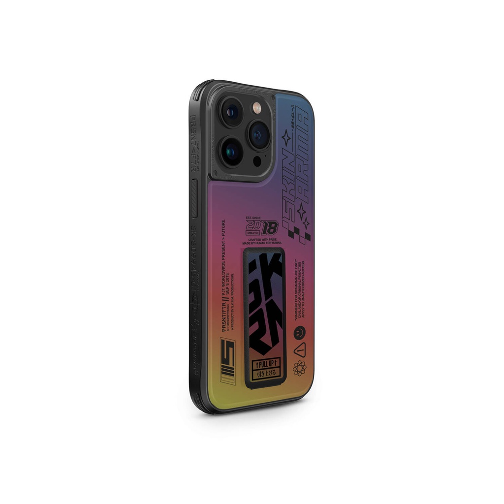[ZTA94346] Apple iPhone 15 Pro Max Uyumlu Kılıf SkinArma Holografik Tasarımlı Standlı Deri Görünümlü Kira Kobai Kapak