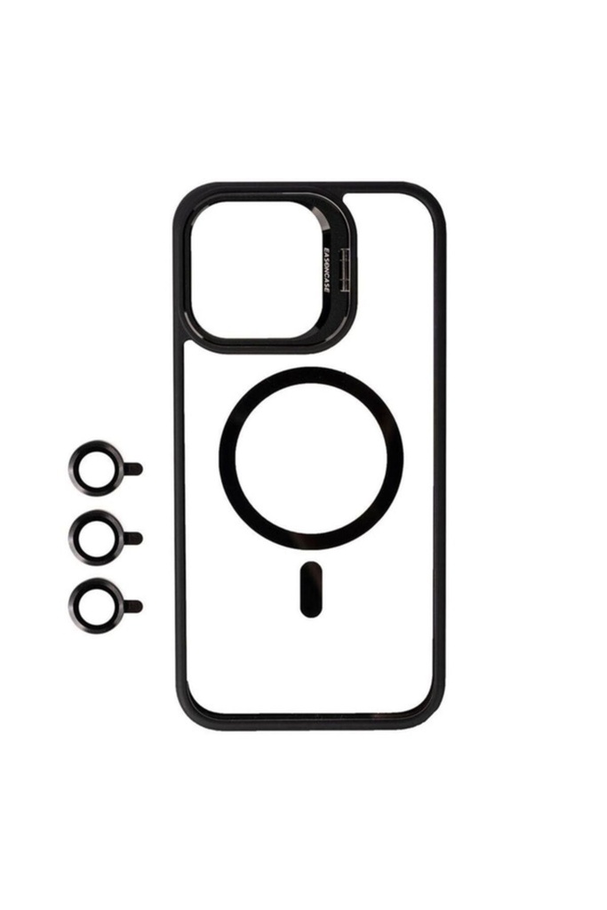 [RNZ-TA94498] Apple iPhone 15 Pro Max Uyumlu Kılıf M-safe Şarj Özellikli Standlı Zore M-safe Klon Lensli Kapak (Siyah)