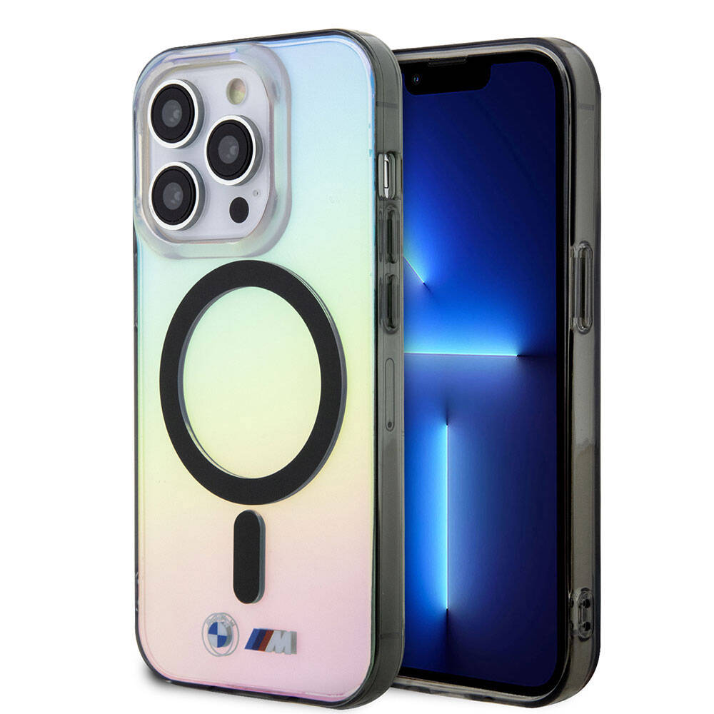 Apple iPhone 15 Pro Max Uyumlu Kılıf BMW M-safe Şarj Özellikli Transparan Renk Geçişli Iridescent Orjinal Lisanslı Kapak
