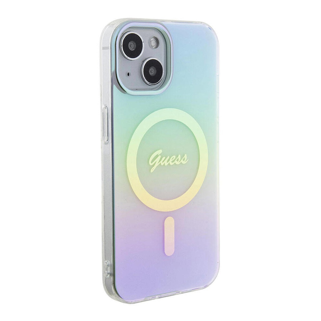 Apple iPhone 15 Uyumlu Kılıf Guess Orjinal Lisanslı M-safe Şarj Özellikli Yazı Logolu Iridescent Kapak