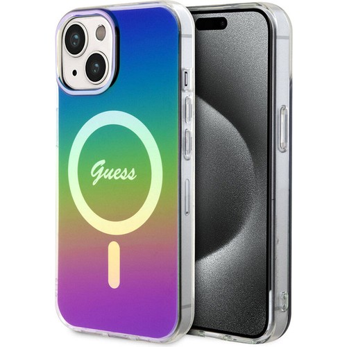 Apple iPhone 15 Plus Uyumlu Kılıf Guess Orjinal Lisanslı M-safe Şarj Özellikli Yazı Logolu Iridescent Kapak