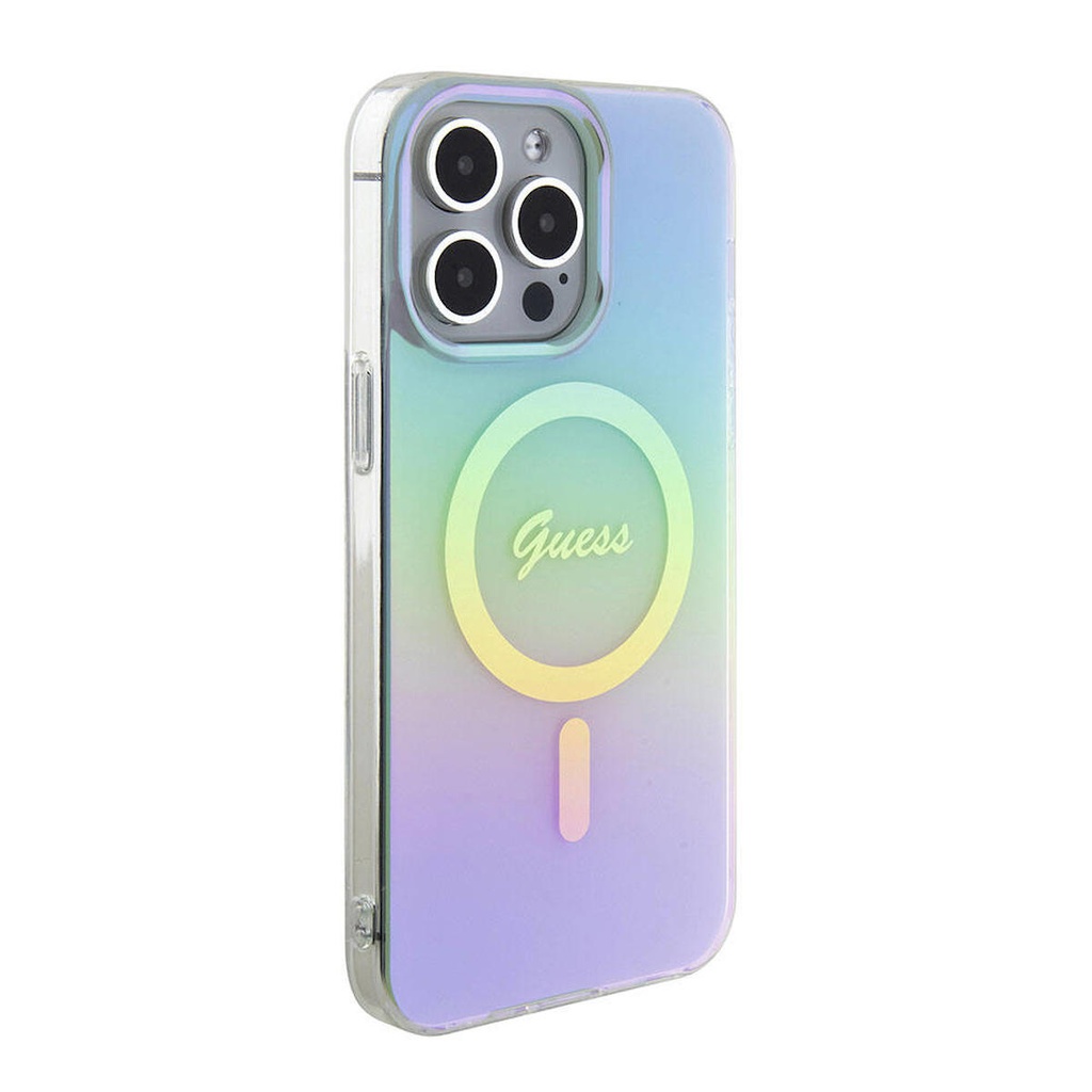 Apple iPhone 15 Pro Max Uyumlu Kılıf Guess Orjinal Lisanslı M-safe Şarj Özellikli Yazı Logolu Iridescent Kapak