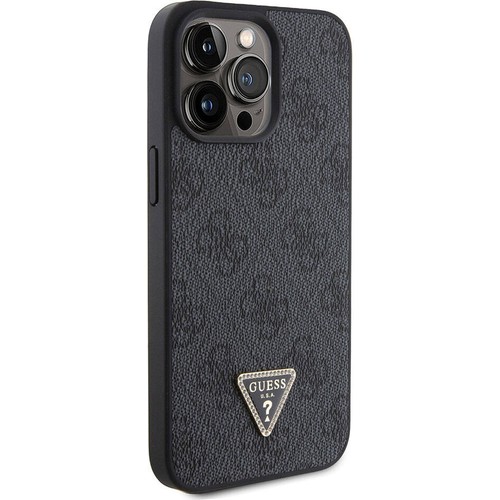 Apple iPhone 15 Pro Max Uyumlu Kılıf Guess Orjinal Lisanslı PU Deri Taşlı Üçgen Logo 4G Desenli Strass Kapak