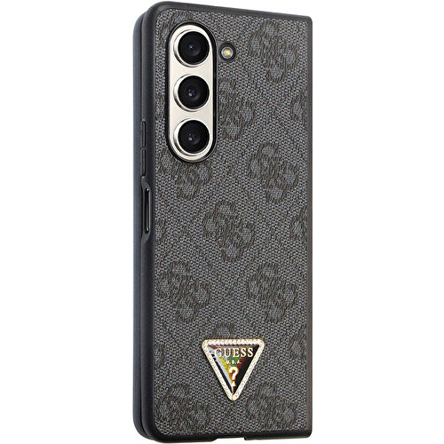 [ZTA94729] Samsung Galaxy Z Fold 5 Uyumlu Kılıf Guess Orjinal Lisanslı PU Deri Taşlı Üçgen Logo 4G Desenli Strass Kapak (Siyah)