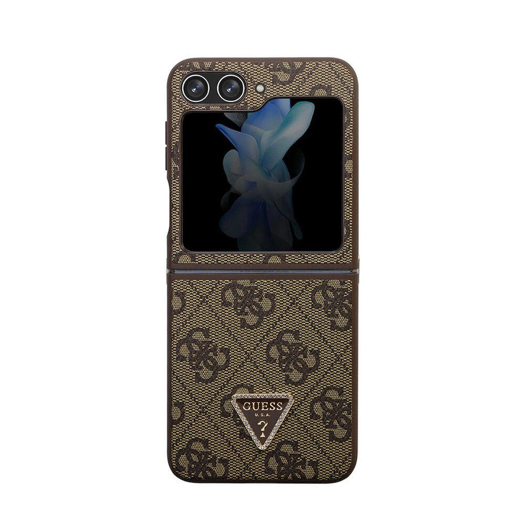 Samsung Galaxy Z Flip 5 Uyumlu Kılıf Guess Orjinal Lisanslı PU Deri Taşlı Üçgen Logo 4G Desenli Strass Kapak