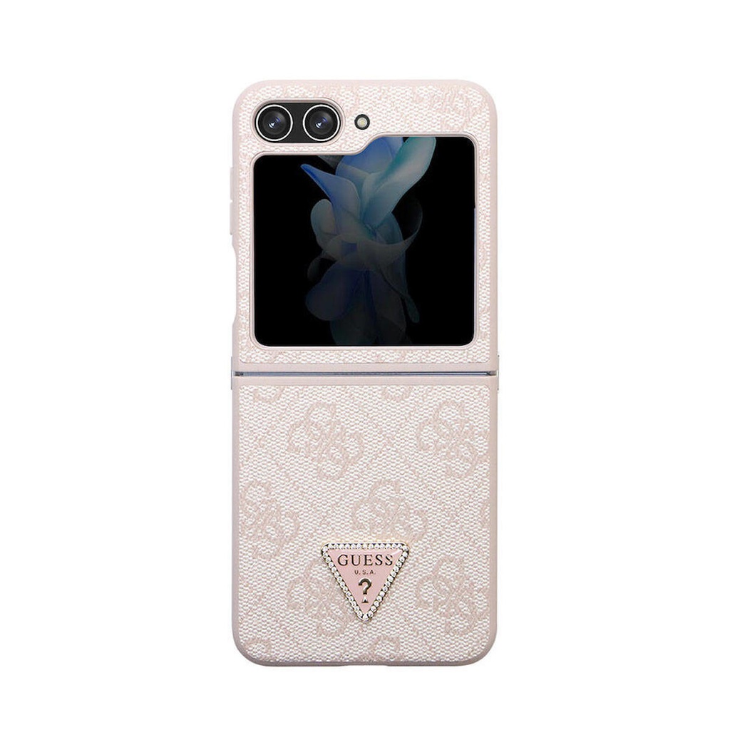 Samsung Galaxy Z Flip 5 Uyumlu Kılıf Guess Orjinal Lisanslı PU Deri Taşlı Üçgen Logo 4G Desenli Strass Kapak
