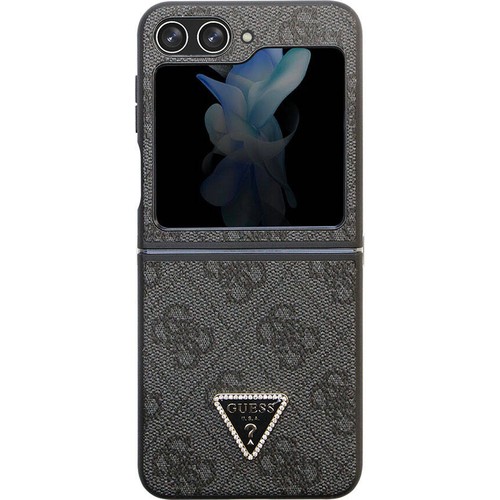 [ZTA94730] Samsung Galaxy Z Flip 5 Uyumlu Kılıf Guess Orjinal Lisanslı PU Deri Taşlı Üçgen Logo 4G Desenli Strass Kapak (Siyah)
