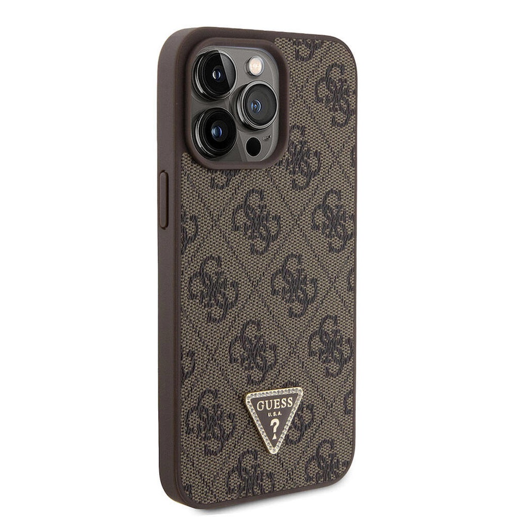 Apple iPhone 15 Pro Max Uyumlu Kılıf Guess Orjinal Lisanslı PU Deri Askılı Taşlı Üçgen Logo 4G Desenli Strass Crossbody Kapak