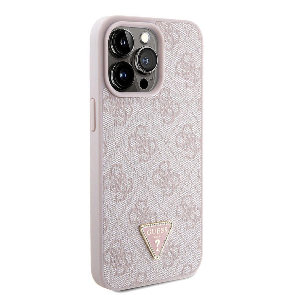 Apple iPhone 15 Pro Max Uyumlu Kılıf Guess Orjinal Lisanslı PU Deri Askılı Taşlı Üçgen Logo 4G Desenli Strass Crossbody Kapak