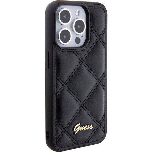 Apple iPhone 15 Pro Uyumlu Kılıf Guess Orjinal Lisanslı PU Deri Metal Yazı Logolu Kapitone Kapak