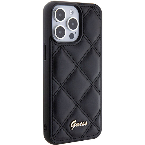 [ZTA94736] Apple iPhone 15 Pro Max Uyumlu Kılıf Guess Orjinal Lisanslı PU Deri Metal Yazı Logolu Kapitone Kapak (Siyah)