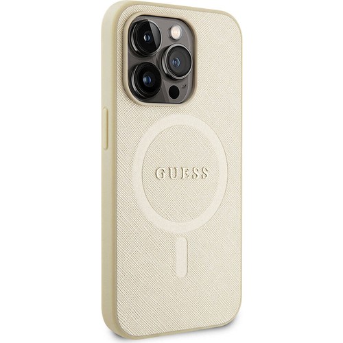 Apple iPhone 15 Pro Uyumlu Kılıf Guess Orjinal Lisanslı M-safe Şarj Özellikli Yazı Logolu Saffiano Kapak