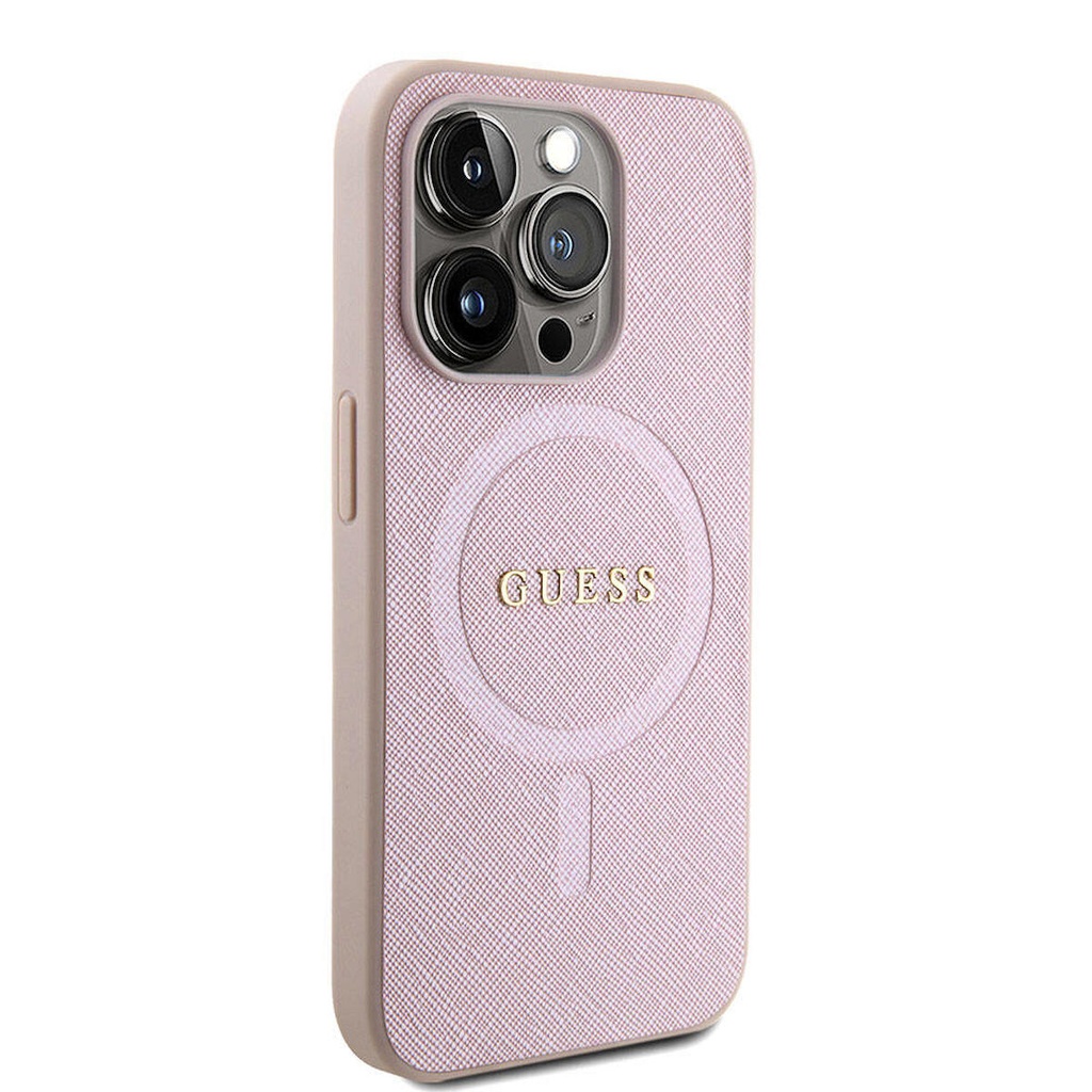 Apple iPhone 15 Pro Uyumlu Kılıf Guess Orjinal Lisanslı M-safe Şarj Özellikli Yazı Logolu Saffiano Kapak
