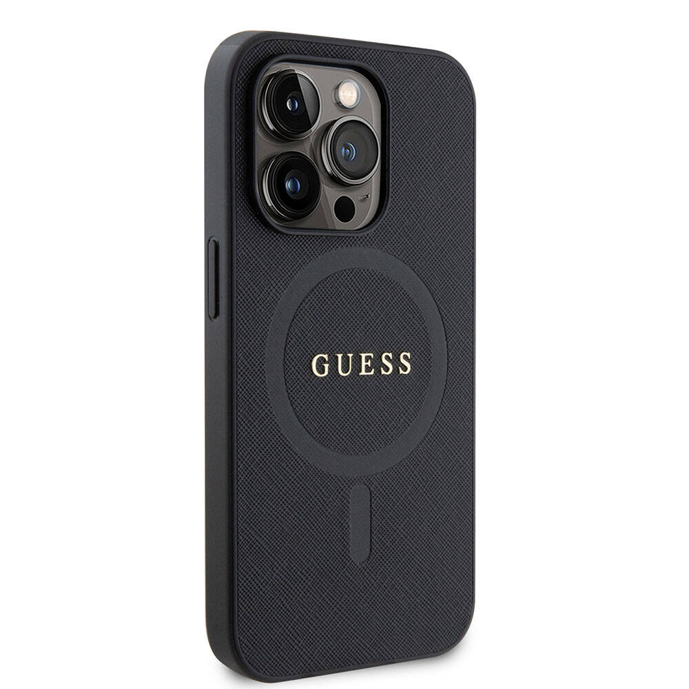 Apple iPhone 15 Pro Uyumlu Kılıf Guess Orjinal Lisanslı M-safe Şarj Özellikli Yazı Logolu Saffiano Kapak