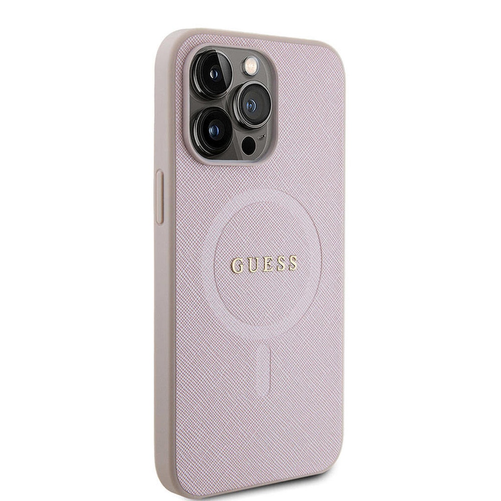 Apple iPhone 15 Pro Max Uyumlu Kılıf Guess Orjinal Lisanslı M-safe Şarj Özellikli Yazı Logolu Saffiano Kapak