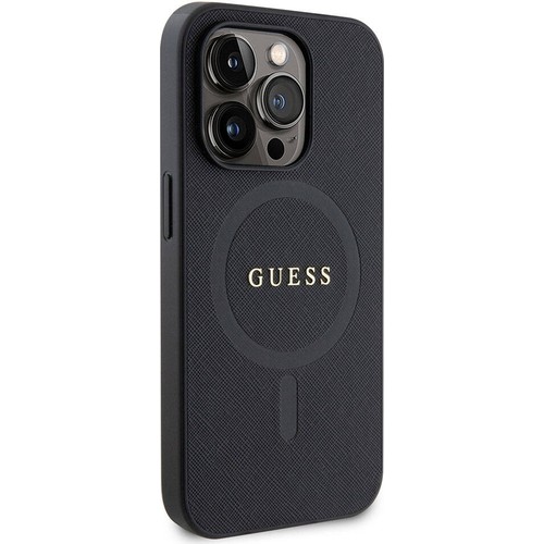 [ZTA94739] Apple iPhone 15 Pro Max Uyumlu Kılıf Guess Orjinal Lisanslı M-safe Şarj Özellikli Yazı Logolu Saffiano Kapak (Siyah)