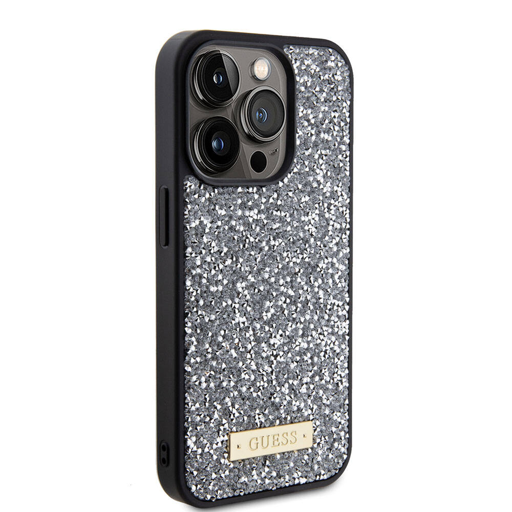 Apple iPhone 15 Pro Uyumlu Kılıf Guess Orjinal Lisanslı Taşlı Arka Yüzey Metal Yazı Logolu Kapak