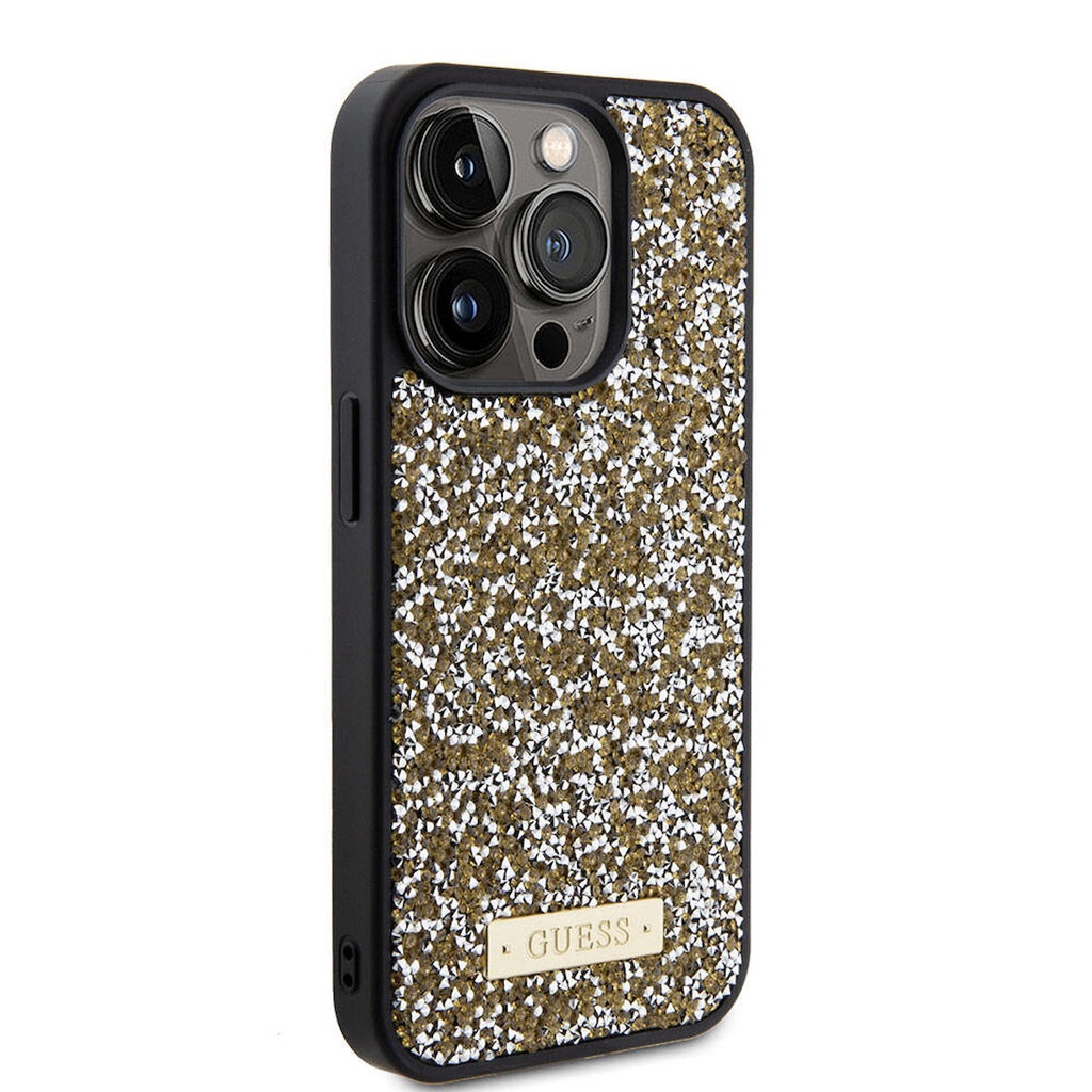 Apple iPhone 15 Pro Uyumlu Kılıf Guess Orjinal Lisanslı Taşlı Arka Yüzey Metal Yazı Logolu Kapak