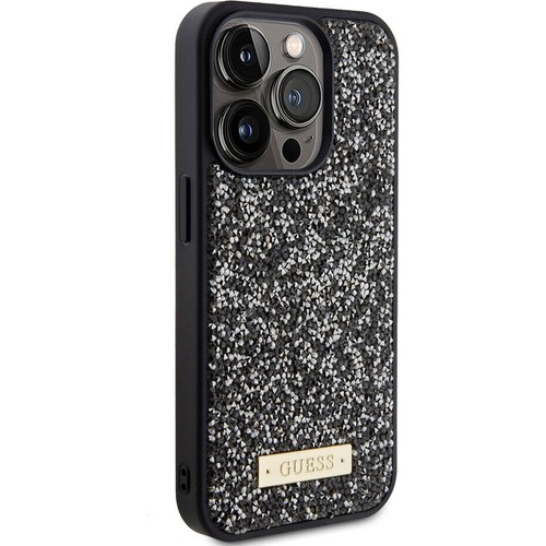 Apple iPhone 15 Pro Uyumlu Kılıf Guess Orjinal Lisanslı Taşlı Arka Yüzey Metal Yazı Logolu Kapak