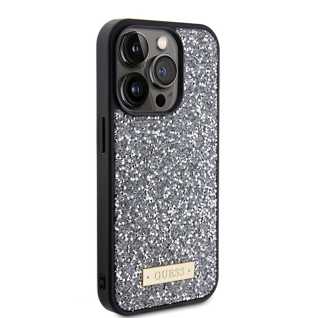 Apple iPhone 15 Pro Max Uyumlu Kılıf Guess Orjinal Lisanslı Taşlı Arka Yüzey Metal Yazı Logolu Kapak